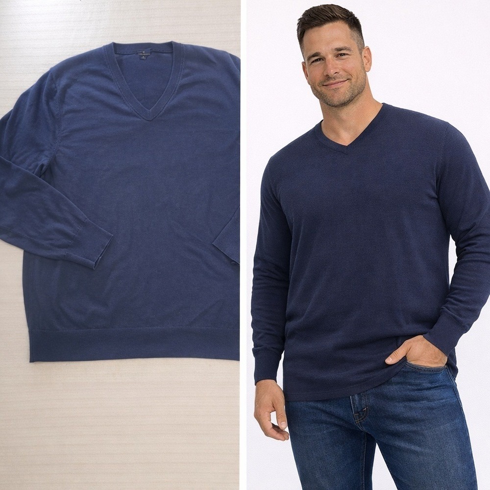 Brooks Brothers Mens XL Navy Blue 100% Cotton V-Neck‎ Knit Sweater SPARC FE